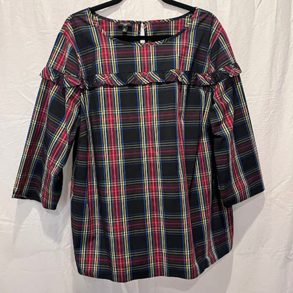 Talbots Stewart Plaid Poplin Ruffle Popover Top Size 3X Plus Preppy Holiday